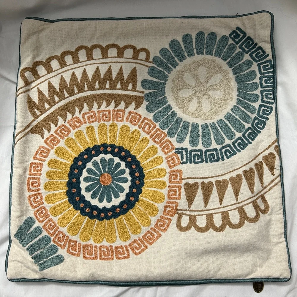 Pier 1 Embroidered Teal Ivory Yellow Tan Floral Boho Accent Pillow 18”